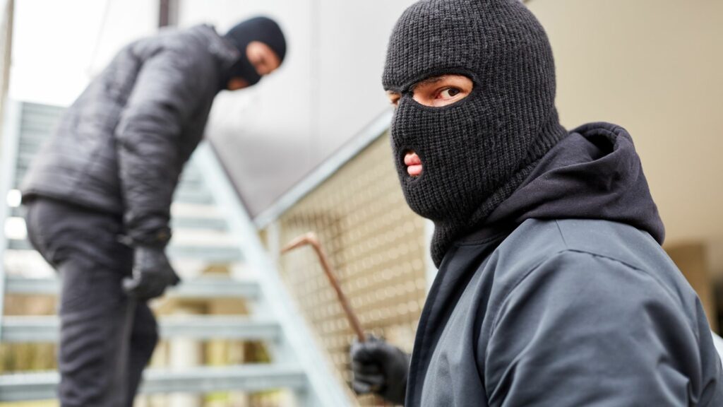 Two burglars in the act of committing a burglary 