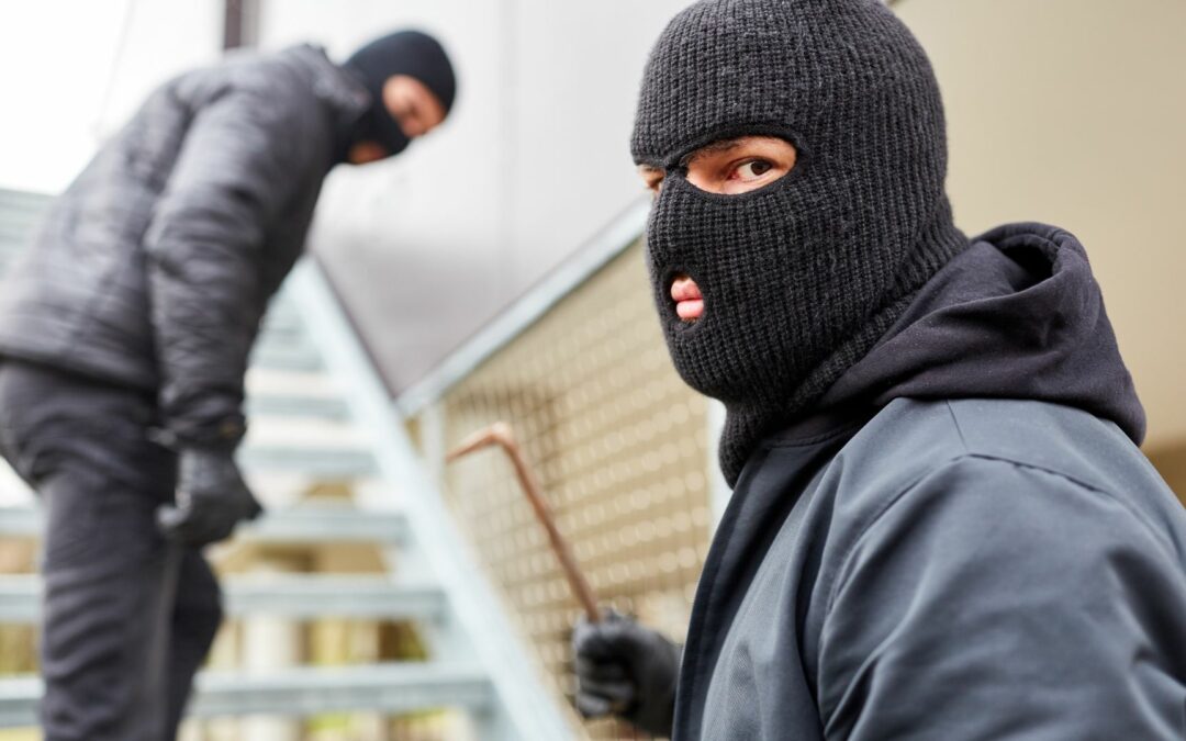 Two burglars in the act of committing a burglary