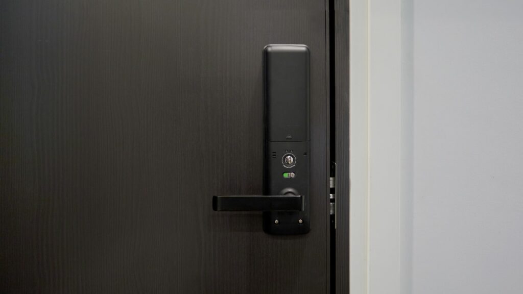 One of many types of high-security door locks in brushed black metal 